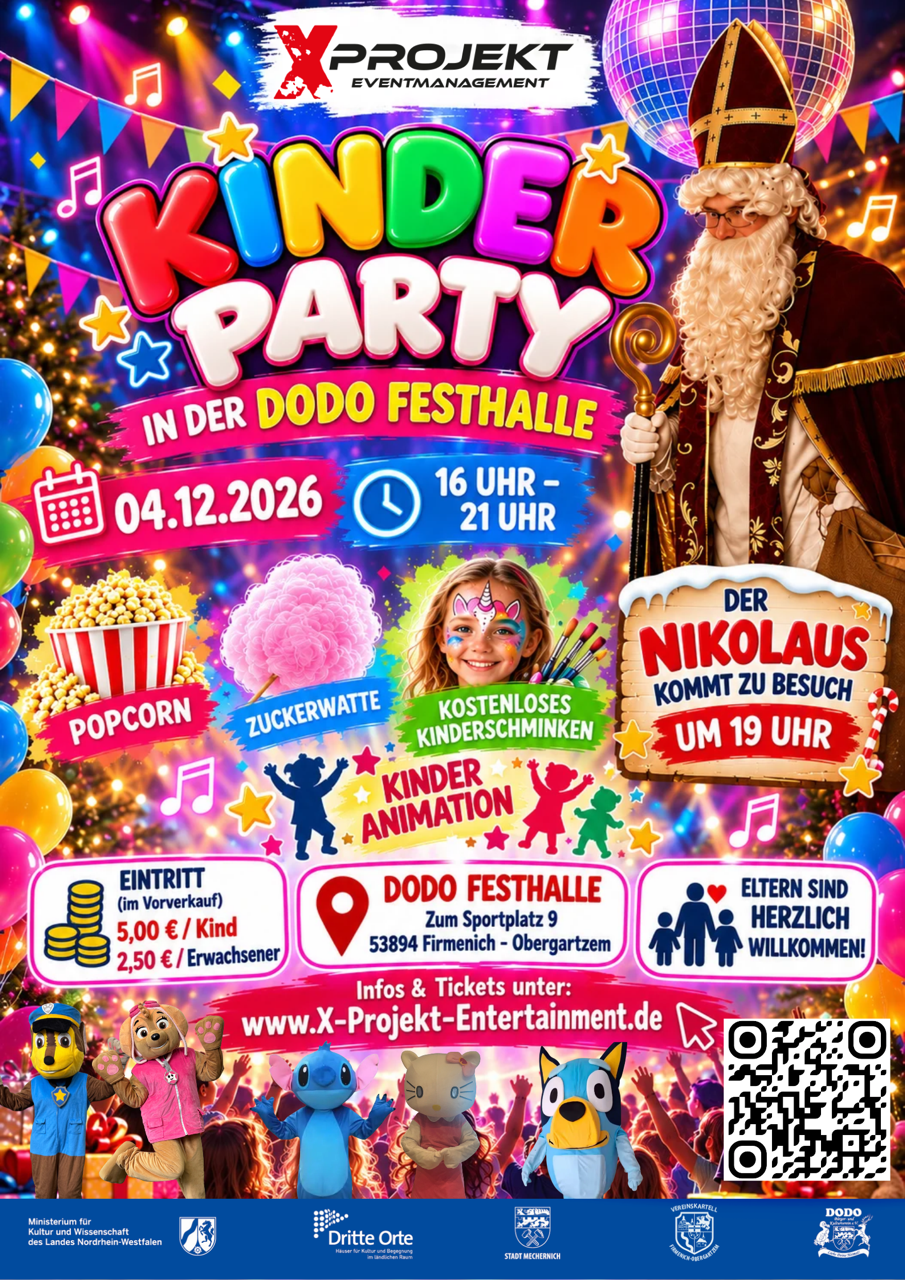 Offizieller Flyer der Kinderparty am 4. Dezember 2026 in der DODO Festhalle mit Kinderanimation, Nikolaus und Ticketpreisen